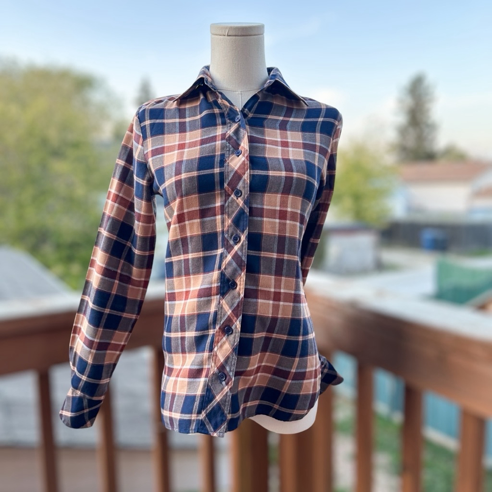 Vintage Fendi Plaid Flannel Shirt Blue Brown Button-Up Long sleeves Women Size 8